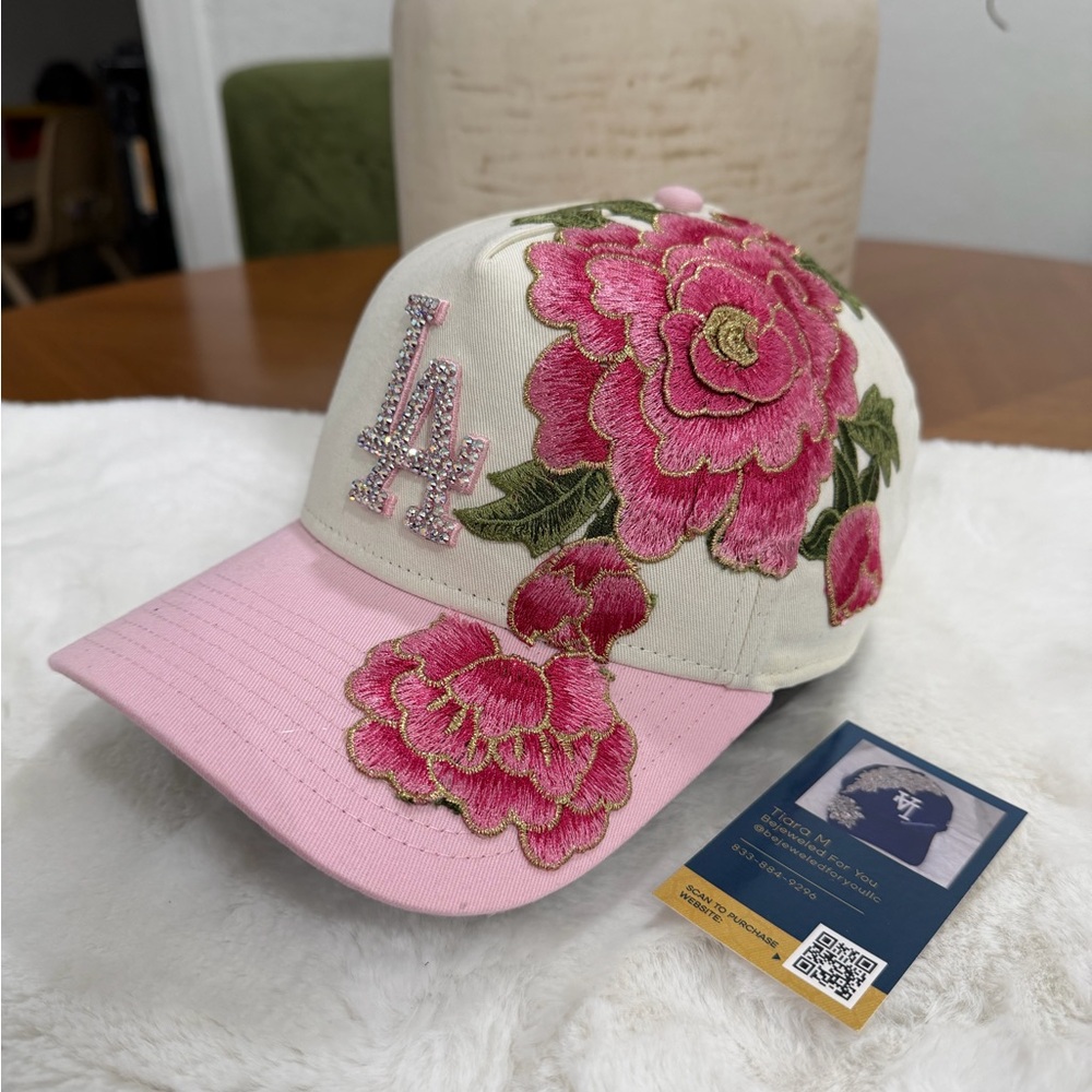 Floral Embroidered SnapBack Dodger Hat with Pink Brim